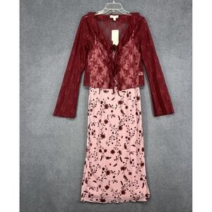 Thirty Thirty Y2K Babydoll Floral Slip Dress Large Pink Mesh crop sheer cardigan